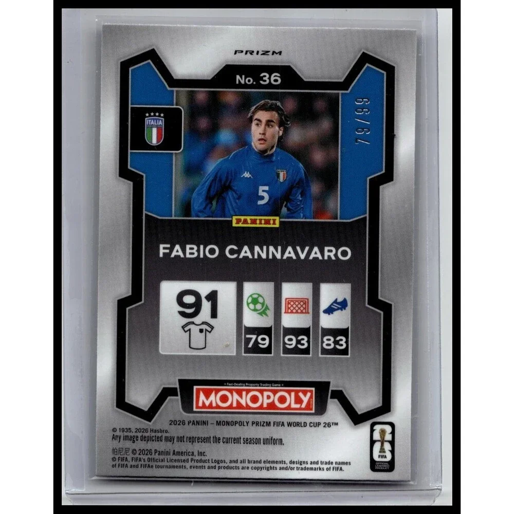 2026 Panini Prizm Monopoly World Cup Fabio Cannavaro #36 Italy Purple #/99